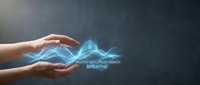 Human hands protecting glowing blue digital wellness energy waves with breathe text on dark background for meditation and mindfulness concepts.