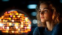 Young Caucasian woman with wavy hair gazing thoughtfully against blurred festive bokeh lights background, wearing blue sweater, dramatic evening lighting creates moody atmosphere.