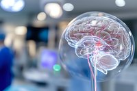 Glowing anatomical brain model in glass sphere against blurred medical background with bokeh lights, highlighting neural pathways and brain structure.