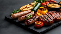 Grilled meat assortment with beef steak, sausages, vegetables and dipping sauce served on black stone board. Dark moody food photography for restaurant menu.