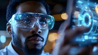 African American man wearing futuristic augmented reality glasses with holographic interface display, blue digital technology visualization in dark environment.
