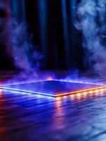 Glowing neon platform with smoke effects on dark background, illuminated by blue and orange lights creating dramatic reflections on wet surface.