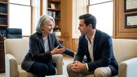Professional mature Caucasian businesswoman with gray hair consulting with younger Caucasian businessman in elegant office setting for corporate advisory services.