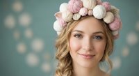 Young blonde woman wearing decorative yarn ball crown headpiece with soft pink and cream pom poms, smiling warmly against blurred bokeh background for crafting content.