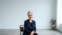 Senior woman with short gray hair wearing dark blazer sitting on chair in minimalist interior space for corporate and business portraits.