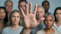 Stop hand gesture, diverse group of people standing behind with blurred faces, communication concept for saying no, rejection, halt or pause signal in workplace or social situations.