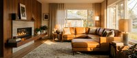 Warm modern living room with orange leather sectional sofa, fireplace, wooden walls, large windows, and contemporary furnishings for interior design and home decor projects.