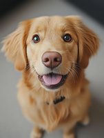 Golden retriever with tongue out looking at camera against neutral background, happy dog portrait for pet care, veterinary, and animal lover designs.
