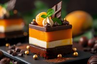 Layered orange chocolate mousse cake with tangerine, mint garnish and chocolate decorations on dark plate. Elegant dessert with contrasting textures and colors.