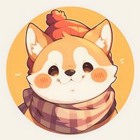 Adorable corgi puppy wearing winter knit hat and plaid scarf, illustrated in kawaii style with rosy cheeks against orange circular background.