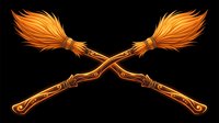 Crossed golden broomsticks with glowing bristles isolated on black background, ready for Halloween designs, witch-themed graphics, and fantasy artwork projects.