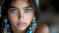 Young Asian woman with striking blue eyes and traditional ornate jewelry wearing cultural accessories against dark background, soft lighting highlights facial features.