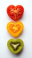 Heart-shaped slices of red tomato, yellow tomato, and green kiwi arranged vertically on white background, showcasing natural fruit patterns.