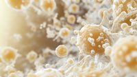 Microscopic view of coronavirus cells in beige and cream tones showing detailed viral structure with characteristic spike proteins on surface for medical education.