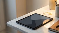Tablet device with black screen resting on marble desk surface in modern office workspace with stationery and natural lighting.