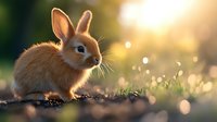 Young brown rabbit sitting in spring garden at sunset with golden bokeh lights and fresh grass sprouts, creating magical nature atmosphere for Easter cards.