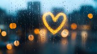 Golden heart drawn on rainy window glass with blurred city lights in background creating romantic atmosphere on wet autumn evening.