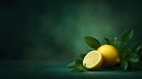 Fresh yellow lemons with green leaves on dark emerald background for culinary and healthy lifestyle concepts.