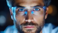 Close up portrait of bearded man wearing protective glasses with blue light reflection, dark background with bokeh effect. Modern technology concept.