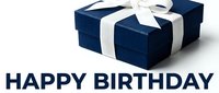 Navy blue gift box with white ribbon bow and Happy Birthday text on white background. Festive greeting card design for celebration.