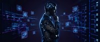 Futuristic businessman with digital brain overlay surrounded by holographic data screens and technology interfaces in dark blue cyberpunk environment.