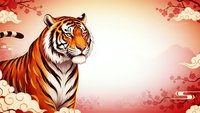Majestic tiger with orange and black stripes surrounded by cherry blossoms and clouds in traditional Asian art style for lunar new year celebrations.