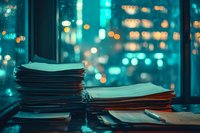 Stack of papers and documents on desk against blurred city lights at night, creating moody atmosphere with teal and orange color palette. Office workspace after hours.