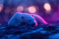 Polar bear resting on arctic ice illuminated by vibrant pink and blue lights creating dreamy atmosphere with bokeh background effect. Wildlife in surreal colors.