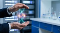 Scientist holding glowing DNA helix in laboratory environment, representing genetic research, biotechnology innovation, and molecular biology discoveries in modern science.