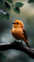 Orange songbird perched on dark branch against blurred green background, displaying vibrant plumage and distinctive round head profile in vertical composition.