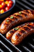 Grilled sausages with herbs on barbecue grill with cherry tomatoes in background for summer outdoor cooking and food preparation.