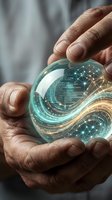 Hands protecting glowing digital sphere with network connections and data streams representing cybersecurity, technology innovation and digital transformation.