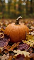 Orange pumpkin with water droplets nestled among colorful autumn leaves on forest floor with blurred fall foliage background for seasonal decorating.