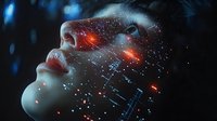 Young woman with glowing red lights and digital constellation patterns projected across face in dark atmospheric setting with mystical starry effects.