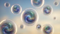 Floating transparent spheres with colorful spiral galaxies inside against soft gradient background for science fiction and fantasy concepts.