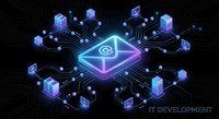Email marketing automation network with glowing neon envelope connected to digital devices and data cubes on dark tech background for business communication.