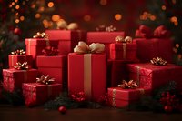 Red wrapped Christmas presents with gold bows and ribbons arranged on dark background with bokeh lights and pine branches, festive holiday composition.