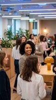 Happy African American businesswoman networking at corporate event in modern office space with diverse professional colleagues socializing.