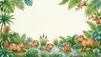 Adorable capybara family relaxing by tropical pond surrounded by lush jungle foliage and palm trees creating peaceful wildlife scene for children's content.