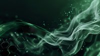 Ethereal green smoke waves flowing over hexagonal pattern background with glowing particles in dark environment. Digital concept for technology or science.