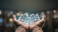Cupped hands holding glowing digital light particles against blurred urban background, representing technology, connection, and innovation for business concepts.