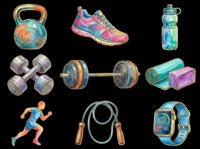 Colorful fitness and sports equipment collection isolated on transparent background, ready for t-shirt designs, clipart, stickers, sublimation, and print-on-demand products.