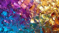 Vibrant abstract mosaic texture with shattered metallic fragments in purple, gold, teal, and blue tones for creative backgrounds.