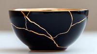 Black ceramic bowl with gold kintsugi repair lines showcasing Japanese art of repairing broken pottery with precious metal, highlighting imperfection as beauty.