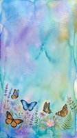 Watercolor spring garden with colorful butterflies and wildflowers on pastel blue purple background for greeting cards and botanical designs.
