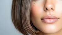 Close up view of plump glossy lips and straight brown bob hairstyle on light background, beauty and cosmetics concept for makeup and skincare advertising.