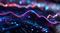 Abstract digital wave visualization with glowing pink and blue particles forming dynamic flowing lines against dark background, modern technology concept for data analysis.