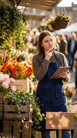 Young female florist with tablet planning flower arrangements at outdoor market stall surrounded by colorful blooms and hanging baskets in warm sunlight.