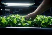 Farmer's hand tending to fresh lettuce growing in modern hydroponic system under LED grow lights, showcasing sustainable indoor urban agriculture technology.
