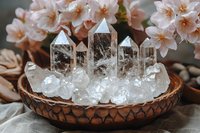 Clear quartz crystal points and clusters arranged in decorative wooden bowl with pink cherry blossoms, creating serene spiritual altar display for meditation and healing practices.
